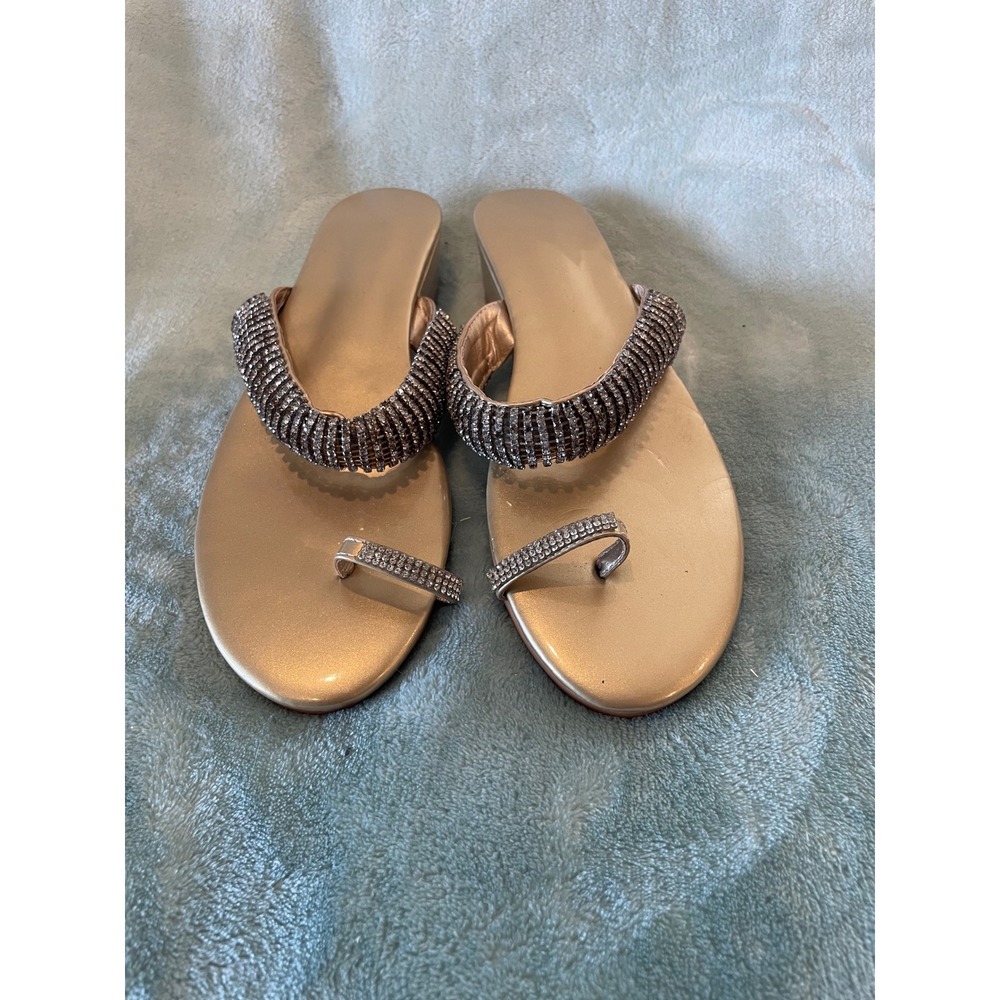 Gold Rhinestone Toe Ring Wedge Sandals Metallic Evening Formal Slip On Shoes